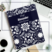 Elegant Navy Blue White Nordic Folk Floral Pattern Planner