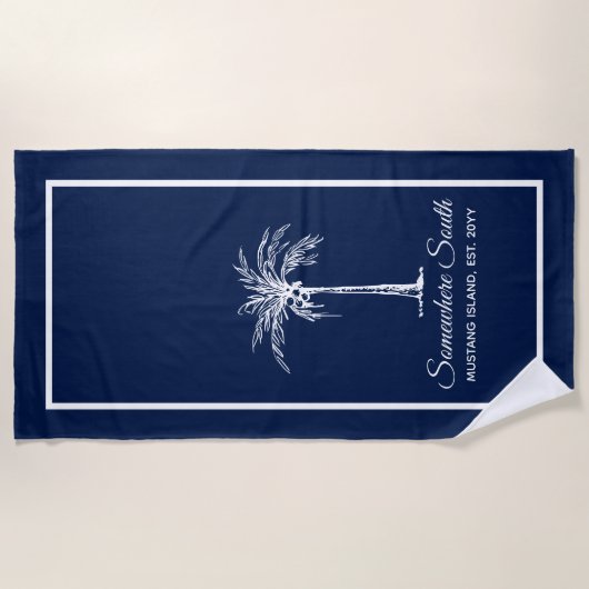 Elegant Navy Blue White Palm Tree (gepersonaliseer Strandlaken (Voorkant)