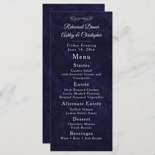 Elegant Navy Blue White Rehearsal Dinner Menu (Voorkant / Achterkant)