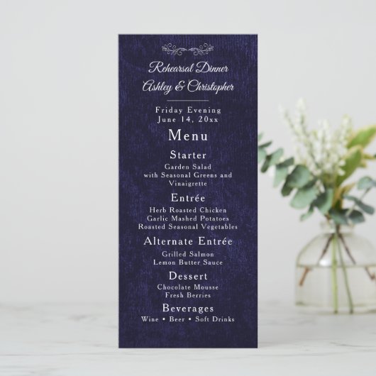 Elegant Navy Blue White Rehearsal Dinner Menu (Staand voorkant)