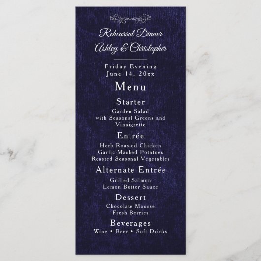 Elegant Navy Blue White Rehearsal Dinner Menu (Voorkant)