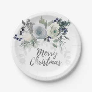 Elegant Navy Blue White Rose Merry kerst Papieren Bordje