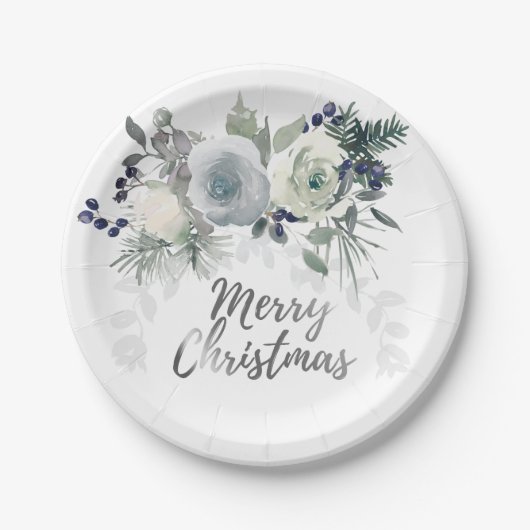Elegant Navy Blue White Rose Merry kerst Papieren Bordje (Voorkant)