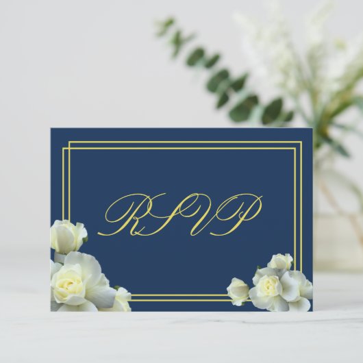 Elegant Navy Blue White Roses Minimale RSVP-kaart RSVP Kaartje (Staand voorkant)
