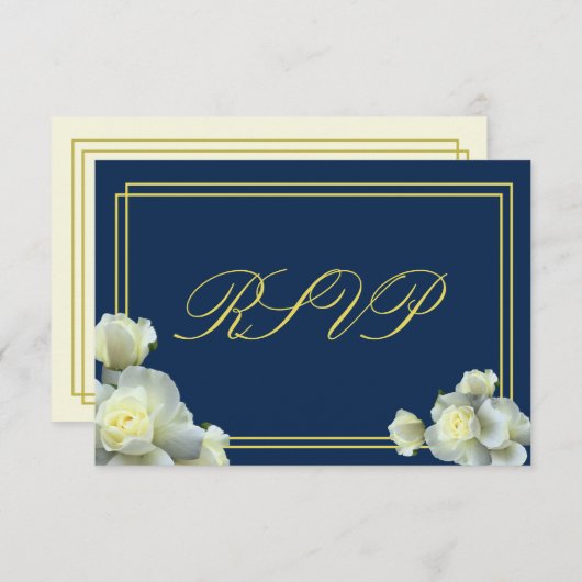 Elegant Navy Blue White Roses Minimale RSVP-kaart RSVP Kaartje (Voorkant / Achterkant)