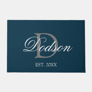 Elegant Navy Blue White Script Monogram Naam Deurmat