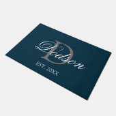 Elegant Navy Blue White Script Monogram Name Deurmat (Schuin)