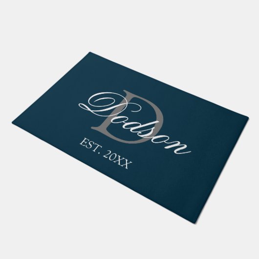 Elegant Navy Blue White Script Monogram Name Deurmat (Schuin)