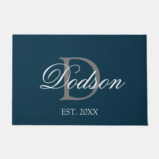 Elegant Navy Blue White Script Monogram Name Deurmat (Voorkant)
