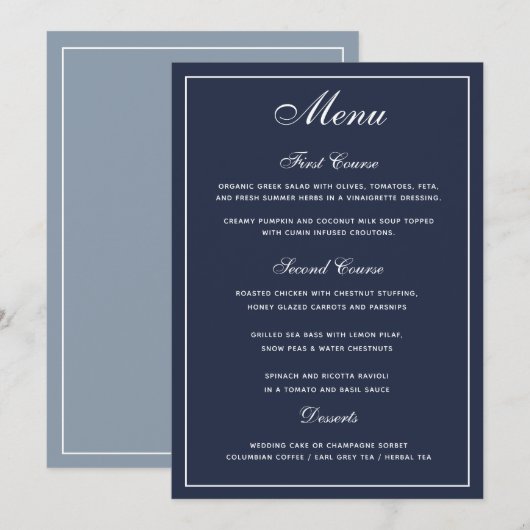 Elegant Navy Blue White Script Wedding Menu (Voorkant / Achterkant)