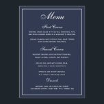 Elegant Navy Blue White Script Wedding Menu<br><div class="desc">Een elegante manier om uw gasten te shows hun menuopties. Witte tekst op een blauwe achtergrond voor de marine. . Een elegante doopvont van de manuscriptbruiloft is gecombineerd met een moderne stijl alle doopvont die van petten tot een stijlvol, maar gebruikersvriendelijk trouwmenu leidt. De ruime ruimte is toegewezen voor uw...</div>