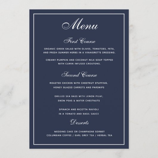 Elegant Navy Blue White Script Wedding Menu (Voorkant)