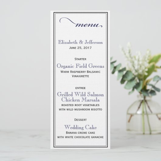 Elegant Navy Blue & White Script Wedding Menu Kaar (Staand voorkant)