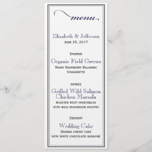 Elegant Navy Blue & White Script Wedding Menu Kaar