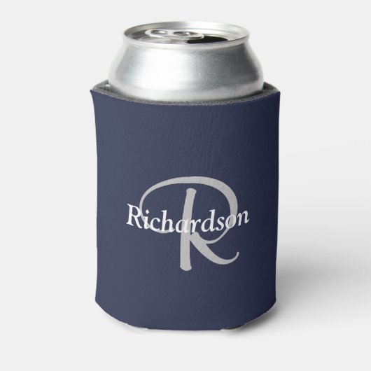 Elegant Navy Blue White Silver Grey Monogrammed Blikjeskoeler (Blikje Achterkant)