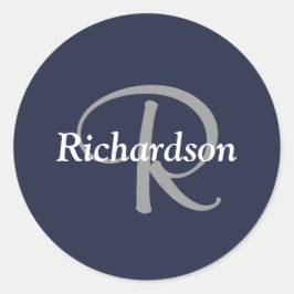Elegant Navy Blue White Silver Grey Monogrammed Ronde Sticker
