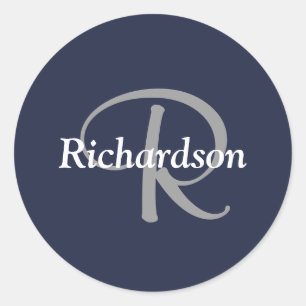 Elegant Navy Blue White Silver Grey Monogrammed Ronde Sticker