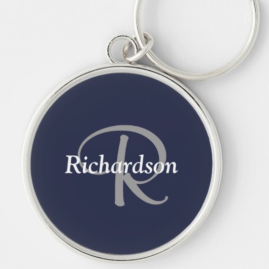 Elegant Navy Blue White Silver Grey Monogrammed Sleutelhanger (Voorkant)