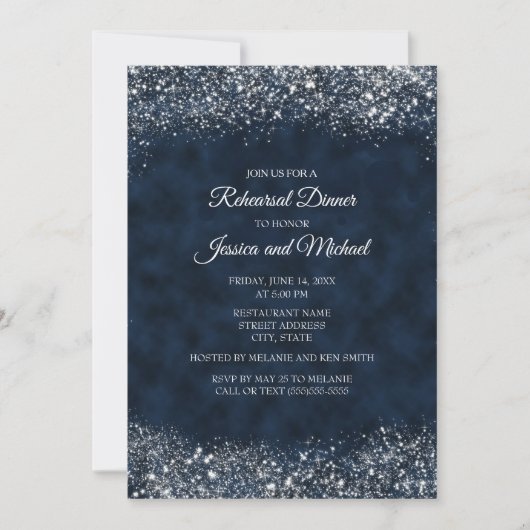 Elegant Navy Blue White Stardust Wedding Rehearsal Kaart (Voorkant)