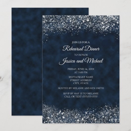 Elegant Navy Blue White Stardust Wedding Rehearsal Kaart (Voorkant / Achterkant)