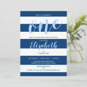 Elegant Navy Blue White Stripes Birthday Party Kaart (Staand voorkant)