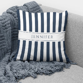 Elegant Navy Blue & White Stripes Pattern Name Kussen