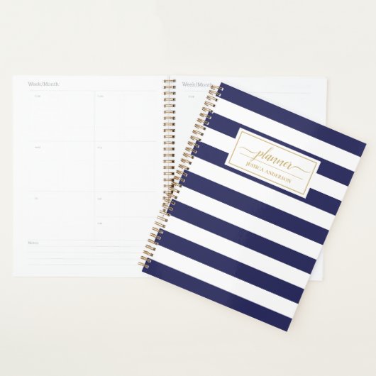 Elegant Navy Blue White Stripes Pattern Planner (Display)