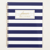 Elegant Navy Blue White Stripes Pattern Planner (Voorkant)