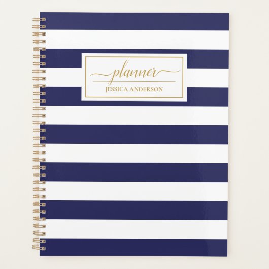 Elegant Navy Blue White Stripes Pattern Planner (Voorkant)