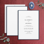 Elegant Navy Blue & White Typography Wedding Kaart<br><div class="desc">Een prachtige typografische trouwuitnodiging voor een zomer- of herfstbruiloft. Dit prachtige, elegante ontwerp is voorzien van een blauw marineslein rond een witte uitnodiging, met moderne typografie. Een eenvoudig, minimalistisch ontwerp. Hartelijk dank voor uw steun aan ons kleinbedrijf, dat waarderen we echt! We zijn zo blij dat je zoveel van dit...</div>