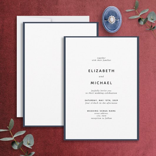 Elegant Navy Blue & White Typography Wedding Kaart