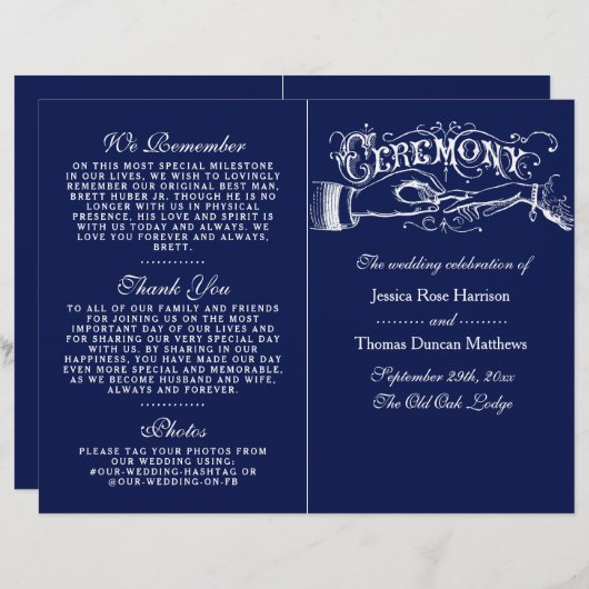 Elegant Navy Blue & White Wedding Ceremony Program (Voorkant / Achterkant)