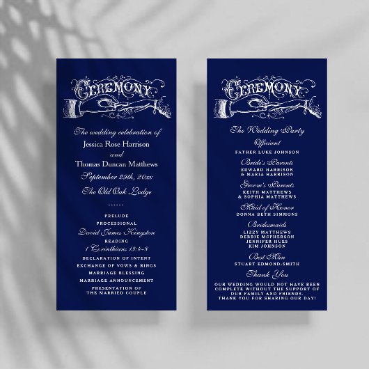 Elegant Navy Blue & White Wedding Ceremony Program Programmakaart
