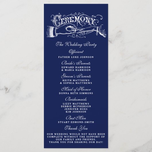 Elegant Navy Blue & White Wedding Ceremony Program Programmakaart (Achterkant)