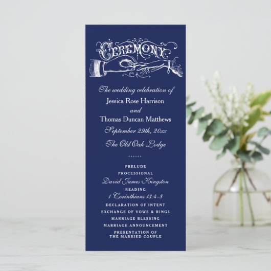 Elegant Navy Blue & White Wedding Ceremony Program Programmakaart (Staand voorkant)