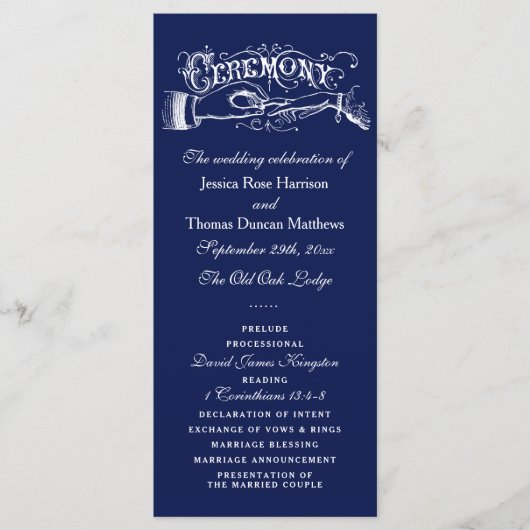 Elegant Navy Blue & White Wedding Ceremony Program Programmakaart (Voorkant)