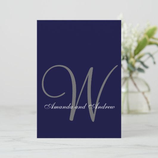 Elegant Navy Blue White Wedding Invitation Initiaa Kaart (Staand voorkant)