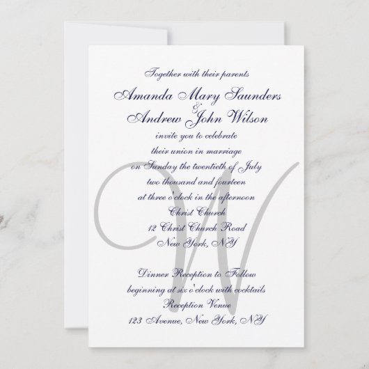 Elegant Navy Blue White Wedding Invitation Initiaa Kaart (Achterkant)