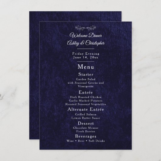 Elegant Navy Blue White Welcome Dinner Menu (Voorkant / Achterkant)