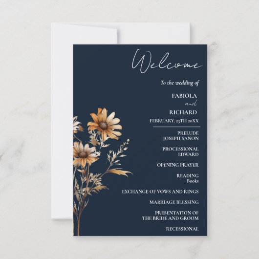 Elegant Navy Blue Wildflower huwelijksprogramma Ka (Voorkant)