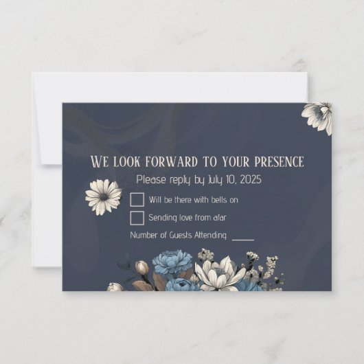 Elegant Navy Blue Wildflower Wedding  RSVP Kaartje (Voorkant)