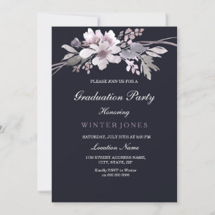 Elegant Navy Blue Winter Floral Afstuderen Invite Kaart