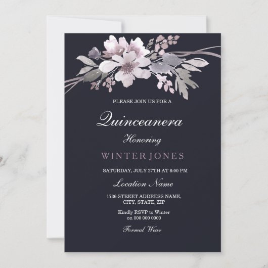 Elegant Navy Blue Winter Floral Quinceanera Invite Kaart (Voorkant)