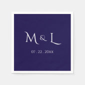 Elegant Navy Blue Wit Monogram & Datum Trouw  Servet (Voorkant)