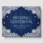 Elegant Navy Blue Wood en Lace Wedding Guest Book Gastenboek (Voorkant)