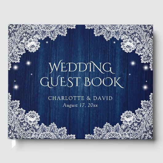 Elegant Navy Blue Wood en Lace Wedding Guest Book Gastenboek (Voorkant)