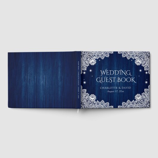Elegant Navy Blue Wood en Lace Wedding Guest Book Gastenboek (Volledig)