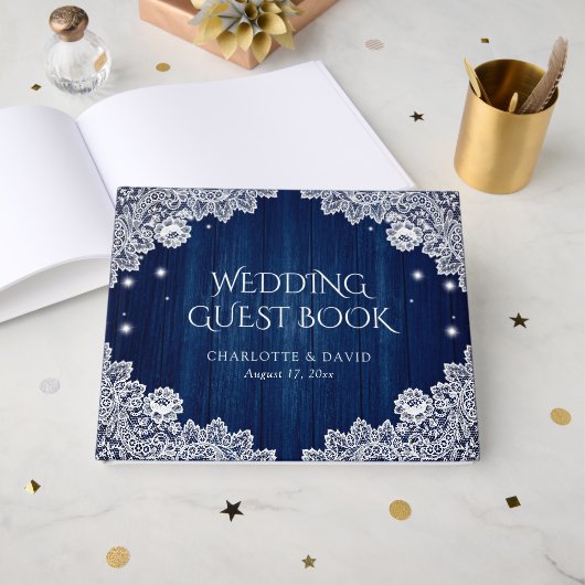 Elegant Navy Blue Wood en Lace Wedding Guest Book Gastenboek (Voorkant open)