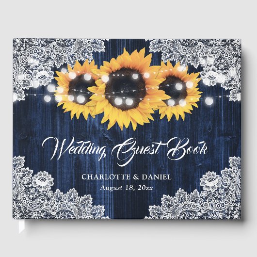 Elegant Navy Blue Wood Lace Sunflower Wedding Gastenboek (Voorkant)