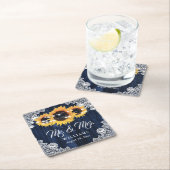 Elegant Navy Blue Wood Lace Sunflower Wedding Kartonnen Onderzetters (Insitu)